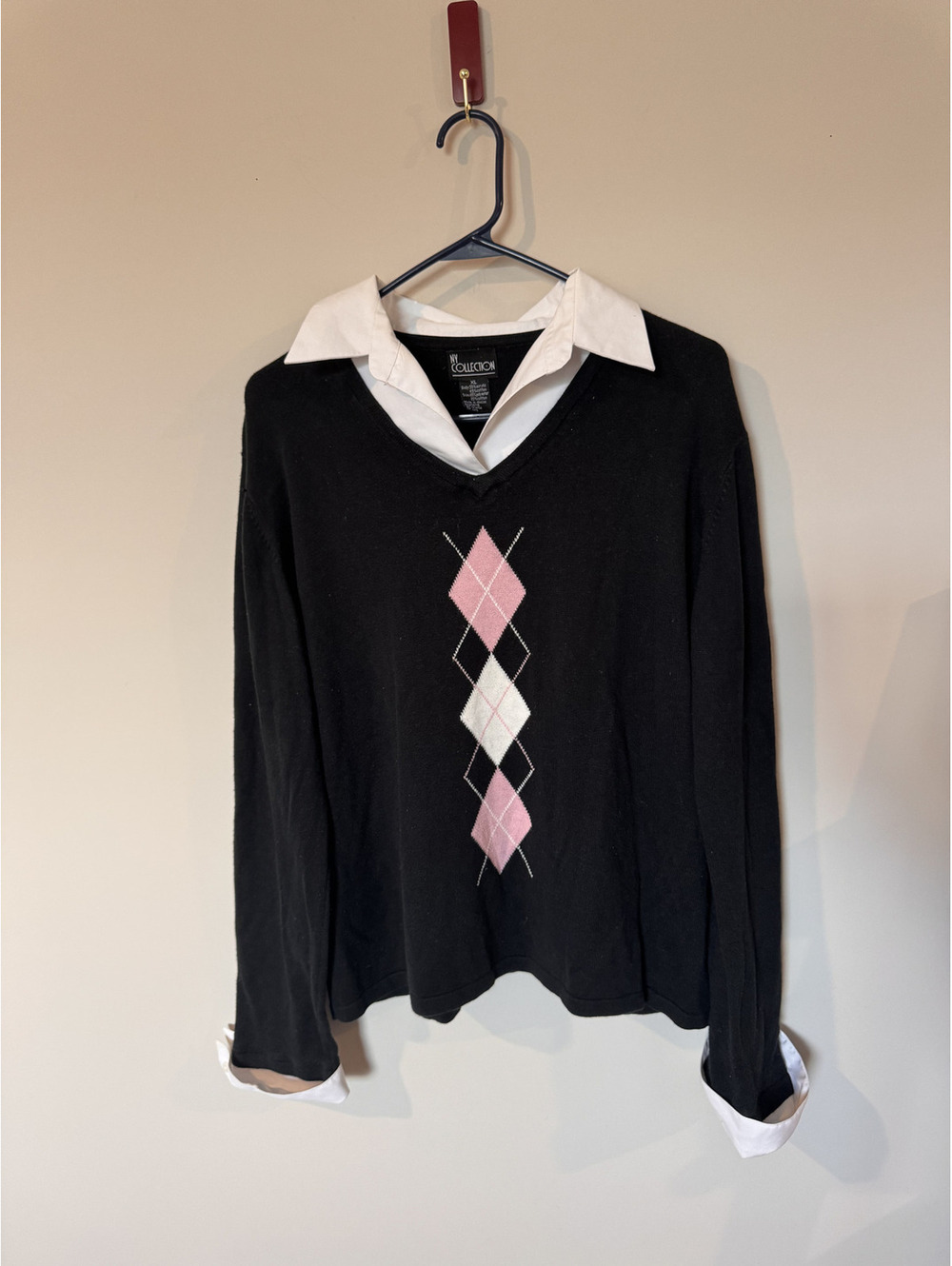 NY Collection Black and PInk Womens Layered Argyle Sweater with Collar Size XL